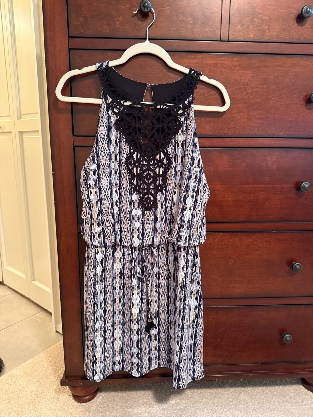 White House Black Market Navy and White Crochet Yoke Mini Dress